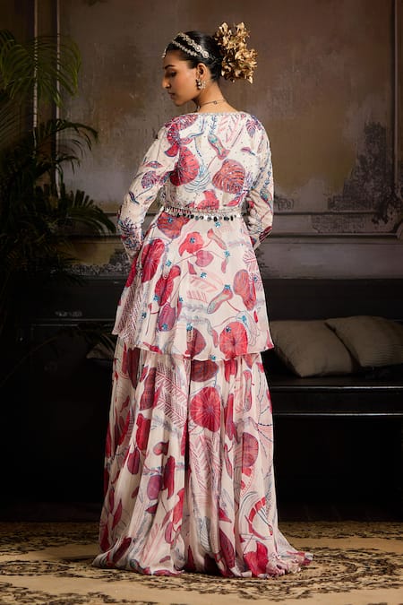 Shop Diyarajvvir Pink Organza, Tulle, Linen Sequins Leaflet Print Peplum Kurti And Sharara Set at Aza Fashions Shop_Diyarajvvir_Pink Organza, Tulle, Linen Sequins Leaflet Print Peplum Kurti And Sharara Set _at_Aza_Fashions