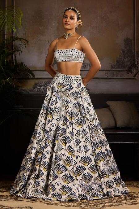 Buy Diyarajvvir Silver Satin, Lycra, Tulle, Crepe Mirrors, Sequins Butta Leaf Print Lehenga Set Online at Aza Fashions Buy_Diyarajvvir_Silver Satin, Lycra, Tulle, Crepe Mirrors, Sequins Butta Leaf Print Lehenga Set _Online_at_Aza_Fashions