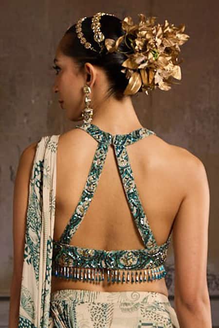 Shop Diyarajvvir Green Georgette, Crepe Sequins, Embroidery Bloom Jaal Print Pre-draped Saree Set at Aza Fashions Shop_Diyarajvvir_Green Georgette, Crepe Sequins, Embroidery Bloom Jaal Print Pre-draped Saree Set _at_Aza_Fashions