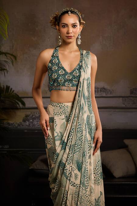 Buy Diyarajvvir Green Georgette, Crepe Sequins, Embroidery Bloom Jaal Print Pre-draped Saree Set Online at Aza Fashions Buy_Diyarajvvir_Green Georgette, Crepe Sequins, Embroidery Bloom Jaal Print Pre-draped Saree Set _Online_at_Aza_Fashions