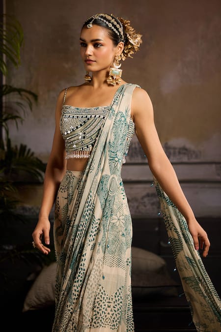 Diyarajvvir Beige Crepe, Georgette, Linen Mirrors Bahar Print Pre-draped Saree And Blouse Online at Aza Fashions Diyarajvvir_Beige Crepe, Georgette, Linen Mirrors Bahar Print Pre-draped Saree And Blouse _Online_at_Aza_Fashions