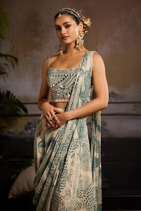 Buy Diyarajvvir Beige Crepe, Georgette, Linen Mirrors Bahar Print Pre-draped Saree And Blouse Online at Aza Fashions Buy_Diyarajvvir_Beige Crepe, Georgette, Linen Mirrors Bahar Print Pre-draped Saree And Blouse _Online_at_Aza_Fashions