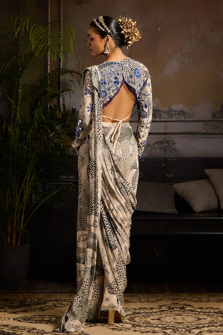 Diyarajvvir Beige & Black Bahar Jaal Pant Saree Set 