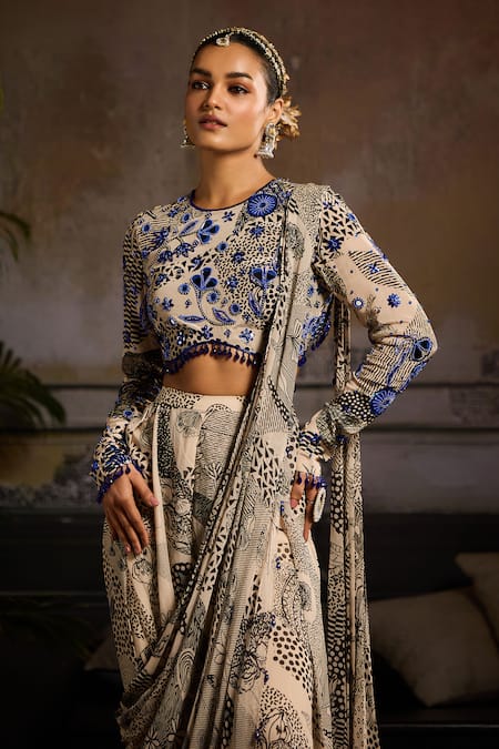 Buy_Diyarajvvir_Beige Crepe, Georgette Beads, Mirrors Round And Black Bahar Jaal Pant Saree Set _Online_at_Aza_Fashions