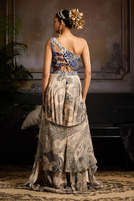 Shop Diyarajvvir Beige Organza, Crepe, Linen Beads, Mirrors And Black Ambrosia Print Sharara Set at Aza Fashions Shop_Diyarajvvir_Beige Organza, Crepe, Linen Beads, Mirrors And Black Ambrosia Print Sharara Set _at_Aza_Fashions