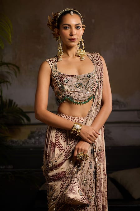 Diyarajvvir Beige Crepe, Georgette, Linen Sequins, Ambrosia Print Pre-draped Saree Set Online at Aza Fashions Diyarajvvir_Beige Crepe, Georgette, Linen Sequins, Ambrosia Print Pre-draped Saree Set _Online_at_Aza_Fashions