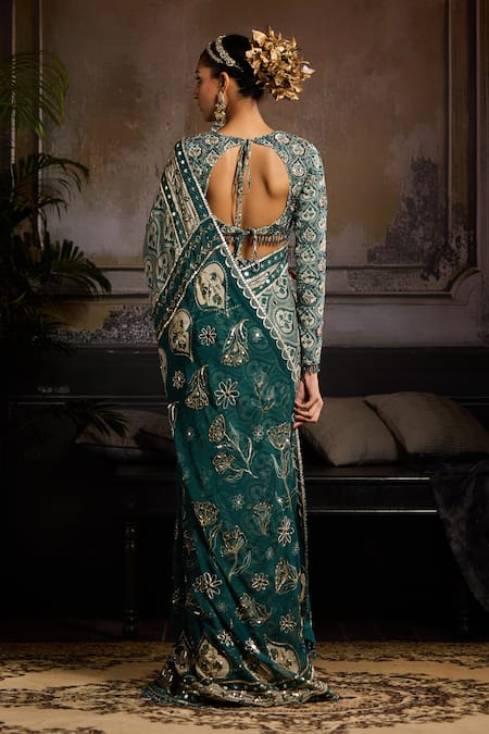 Shop Diyarajvvir Green Georgette, Tulle, Satin, Lycra, Crepe Gulbahar Print Pre-draped Saree Set at Aza Fashions Shop_Diyarajvvir_Green Georgette, Tulle, Satin, Lycra, Crepe Gulbahar Print Pre-draped Saree Set _at_Aza_Fashions