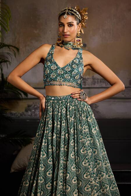 Diyarajvvir Green Organza, Crepe Embroidery, Beads Halter Neck Crest Jaal Print Lehenga Set Online at Aza Fashions Diyarajvvir_Green Organza, Crepe Embroidery, Beads Halter Neck Crest Jaal Print Lehenga Set _Online_at_Aza_Fashions