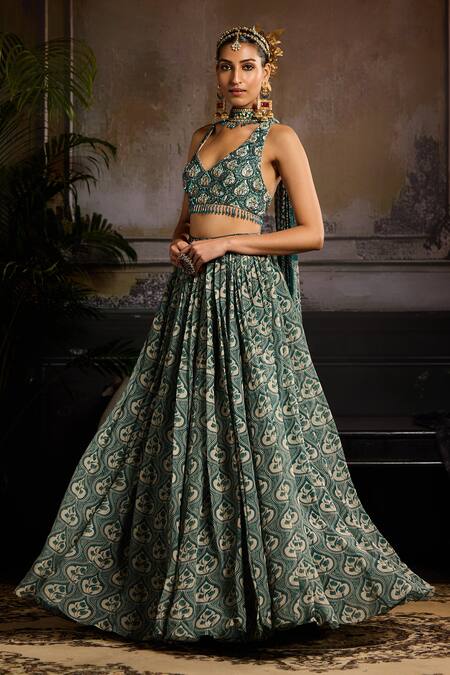 Buy Diyarajvvir Green Organza, Crepe Embroidery, Beads Halter Neck Crest Jaal Print Lehenga Set Online at Aza Fashions Buy_Diyarajvvir_Green Organza, Crepe Embroidery, Beads Halter Neck Crest Jaal Print Lehenga Set _Online_at_Aza_Fashions
