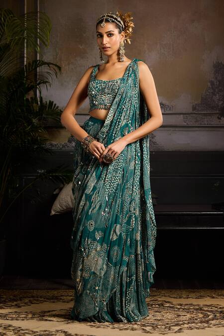 Buy Diyarajvvir Green Crepe, Georgette, Linen Teal Abstract Jaal Pre-draped Saree Set Online at Aza Fashions Buy_Diyarajvvir_Green Crepe, Georgette, Linen Teal Abstract Jaal Pre-draped Saree Set _Online_at_Aza_Fashions