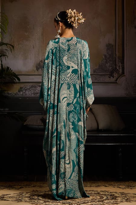 Shop Diyarajvvir Green Crepe Mirrors V-neck Teal Abstract Blossom Kaftan at Aza Fashions Shop_Diyarajvvir_Green Crepe Mirrors V-neck Teal Abstract Blossom Kaftan _at_Aza_Fashions