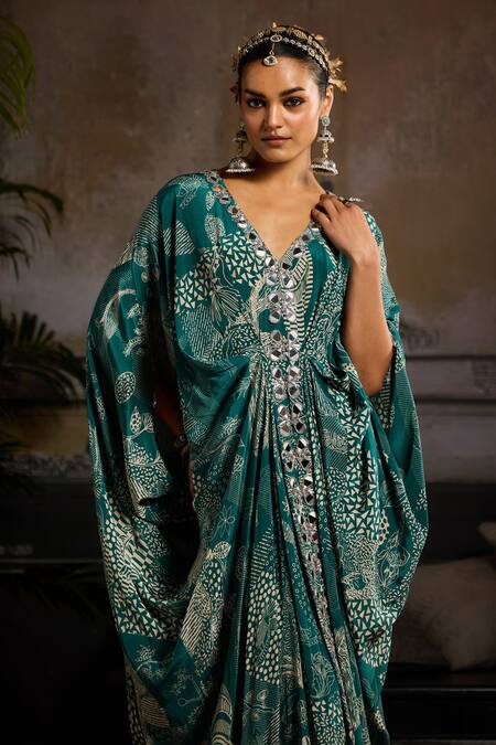 Diyarajvvir Green Crepe Mirrors V-neck Teal Abstract Blossom Kaftan Online at Aza Fashions Diyarajvvir_Green Crepe Mirrors V-neck Teal Abstract Blossom Kaftan _Online_at_Aza_Fashions