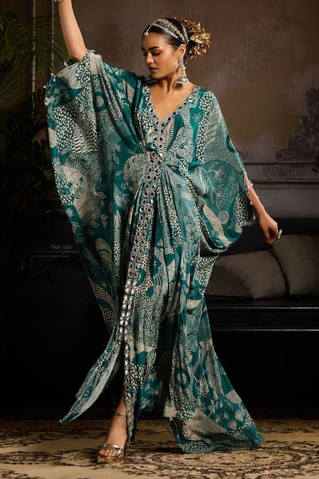 Buy Diyarajvvir Green Crepe Mirrors V-neck Teal Abstract Blossom Kaftan Online at Aza Fashions Buy_Diyarajvvir_Green Crepe Mirrors V-neck Teal Abstract Blossom Kaftan _Online_at_Aza_Fashions