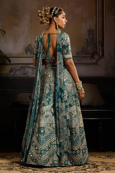 Shop Diyarajvvir Green Raw Silk, Crepe, Georgette, Lining Shantoon Print Blouse And Sharara Set at Aza Fashions Shop_Diyarajvvir_Green Raw Silk, Crepe, Georgette, Lining Shantoon Print Blouse And Sharara Set _at_Aza_Fashions