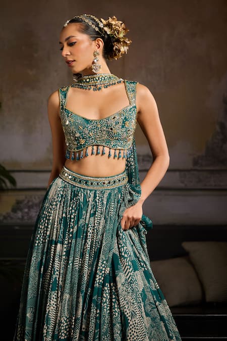 Diyarajvvir Green Crepe, Georgette Beads, Embroidery Teal Blossom Print Lehenga Set Online at Aza Fashions Diyarajvvir_Green Crepe, Georgette Beads, Embroidery Teal Blossom Print Lehenga Set _Online_at_Aza_Fashions