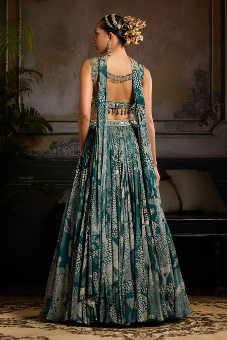 Shop Diyarajvvir Green Crepe, Georgette Beads, Embroidery Teal Blossom Print Lehenga Set at Aza Fashions Shop_Diyarajvvir_Green Crepe, Georgette Beads, Embroidery Teal Blossom Print Lehenga Set _at_Aza_Fashions