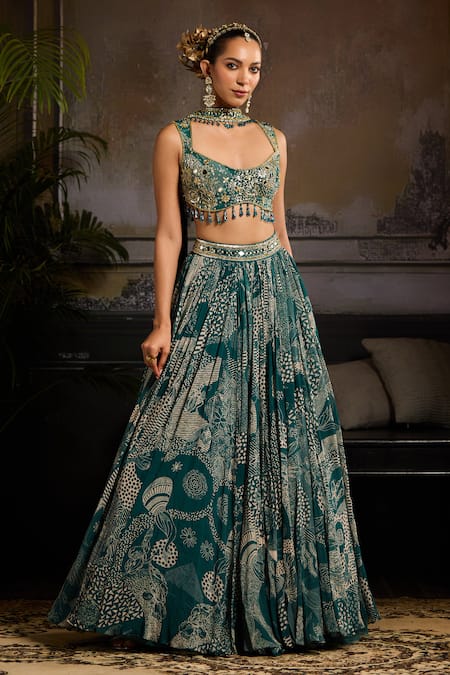 Buy Diyarajvvir Green Crepe, Georgette Beads, Embroidery Teal Blossom Print Lehenga Set Online at Aza Fashions Buy_Diyarajvvir_Green Crepe, Georgette Beads, Embroidery Teal Blossom Print Lehenga Set _Online_at_Aza_Fashions