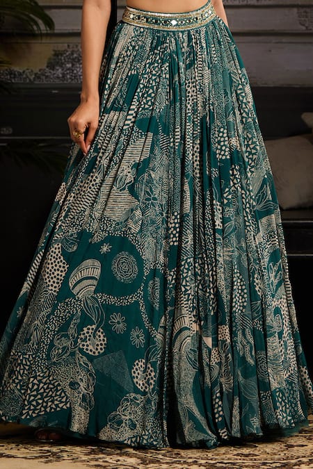 Shop Diyarajvvir Green Crepe, Georgette Beads, Embroidery Teal Blossom Print Lehenga Set Online at Aza Fashions Shop_Diyarajvvir_Green Crepe, Georgette Beads, Embroidery Teal Blossom Print Lehenga Set _Online_at_Aza_Fashions