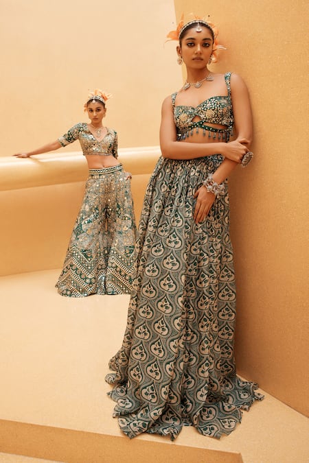 DiyaRajvvir Teal Abstract Jaal Lehenga Set 