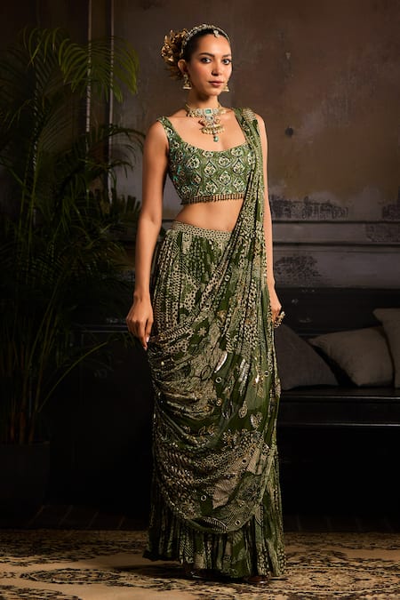 Diyarajvvir_Green Crepe, Georgette Beads, Mirrors, Printed Tiered Skirt Saree With Blouse _Online_at_Aza_Fashions