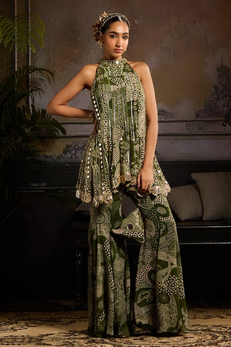 Buy_Diyarajvvir_Green Crepe, Georgette, Lining Shantoon Print Peplum Top With Bell Bottom Pant _Online_at_Aza_Fashions