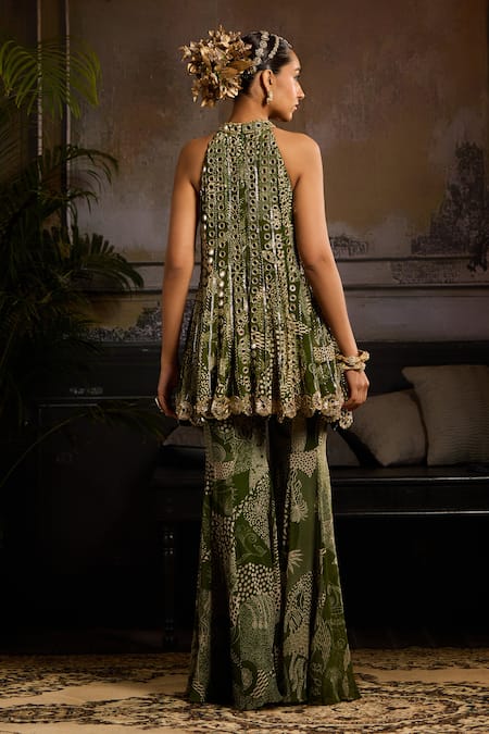 Diyarajvvir Abstract Jaal Print Peplum Top With Bell Bottom Pant 