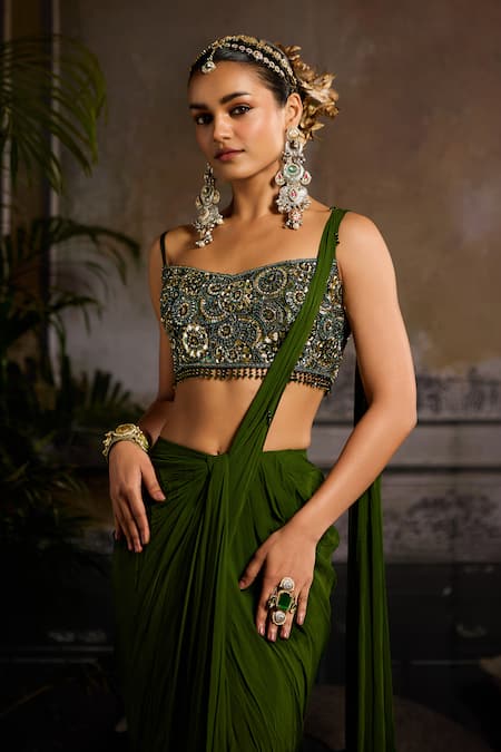Diyarajvvir_Green Georgette, Tulle, Satin Beads, Mirrors, Sequins, Pre-draped Skirt Saree _Online_at_Aza_Fashions