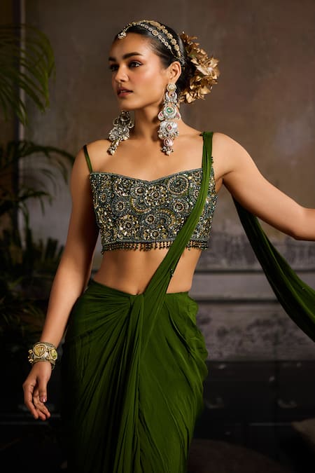 Buy_Diyarajvvir_Green Georgette, Tulle, Satin Beads, Mirrors, Sequins, Pre-draped Skirt Saree _Online_at_Aza_Fashions