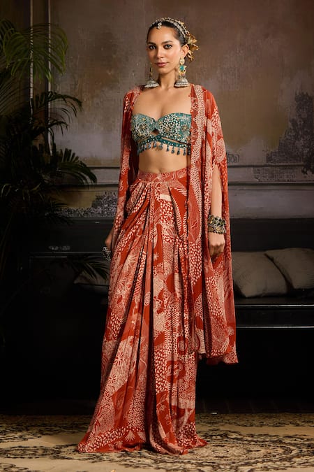 Buy Diyarajvvir Teal Crepe, Georgette Beads, Sequins, Abstract Jaal Print Cape Skirt Set Online at Aza Fashions Buy_Diyarajvvir_Teal Crepe, Georgette Beads, Sequins, Abstract Jaal Print Cape Skirt Set _Online_at_Aza_Fashions