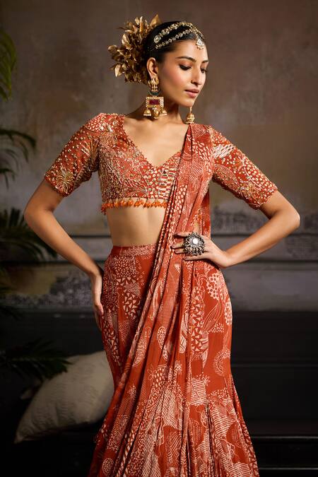 Diyarajvvir_Orange Crepe, Georgette, Lining Printed Mermaid Skirt Saree With Blouse _Online_at_Aza_Fashions