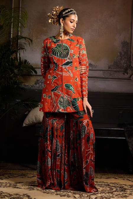 Diyarajvvir Orange Raw Silk, Georgette, Lining Shantoon Cutdana, Print Jacket And Gharara Set Online at Aza Fashions Diyarajvvir_Orange Raw Silk, Georgette, Lining Shantoon Cutdana, Print Jacket And Gharara Set _Online_at_Aza_Fashions