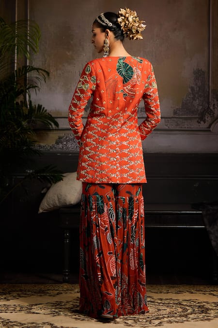 Shop Diyarajvvir Orange Raw Silk, Georgette, Lining Shantoon Cutdana, Print Jacket And Gharara Set at Aza Fashions Shop_Diyarajvvir_Orange Raw Silk, Georgette, Lining Shantoon Cutdana, Print Jacket And Gharara Set _at_Aza_Fashions