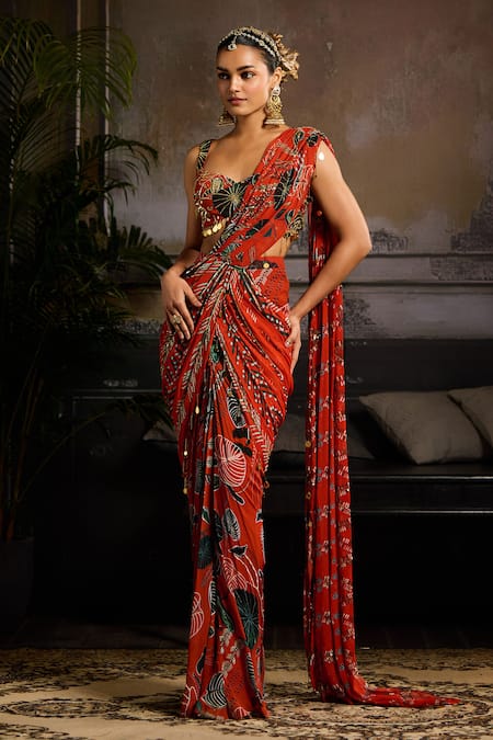 DiyaRajvvir Leaf Print Draped Skirt Saree With Blouse 