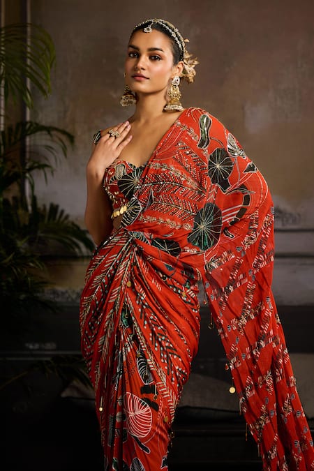 Buy Diyarajvvir Orange Georgette Beads, Cut Work, Sequins Leaf Print Draped Skirt Saree And Blouse Online at Aza Fashions Buy_Diyarajvvir_Orange Georgette Beads, Cut Work, Sequins Leaf Print Draped Skirt Saree And Blouse _Online_at_Aza_Fashions