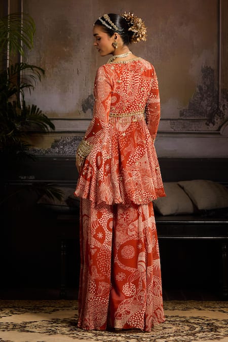 Shop_Diyarajvvir_Orange Tulle, Georgette, Lining Shantoon Printed Peplum Kurta With Sharara _at_Aza_Fashions