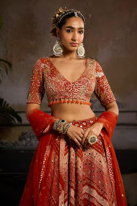 Diyarajvvir_Orange Crepe, Lining Shantoon Chevron, Mirror, Sequin, Bead, Print Lehenga Set _Online_at_Aza_Fashions
