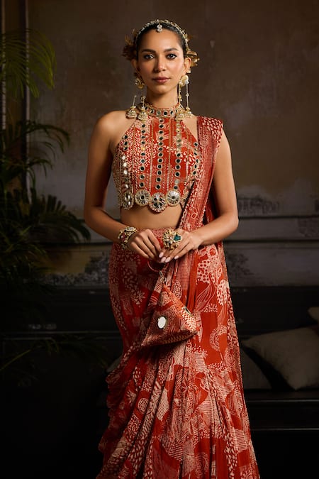 Diyarajvvir_Orange Crepe, Georgette, Lining Shantoon Print Mermaid Skirt Saree With Blouse _Online_at_Aza_Fashions