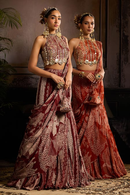 Buy_Diyarajvvir_Orange Crepe, Georgette, Lining Shantoon Print Mermaid Skirt Saree With Blouse _Online_at_Aza_Fashions