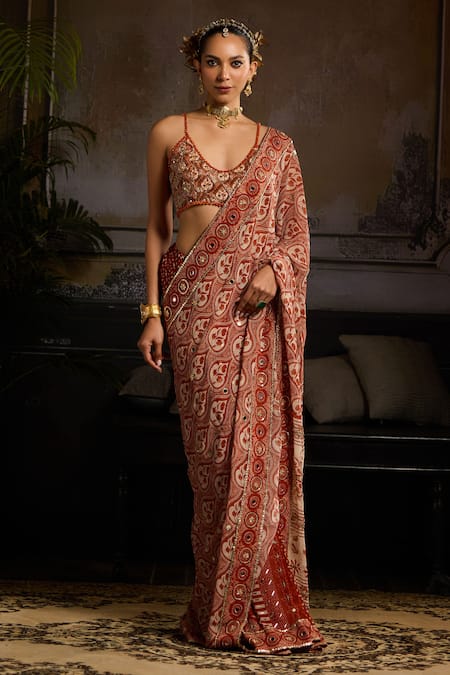 Diyarajvvir Orange Crepe, Georgette, Satin, Linen Sequins, Leaf Print Pre-stitched Saree Set Online at Aza Fashions Diyarajvvir_Orange Crepe, Georgette, Satin, Linen Sequins, Leaf Print Pre-stitched Saree Set _Online_at_Aza_Fashions