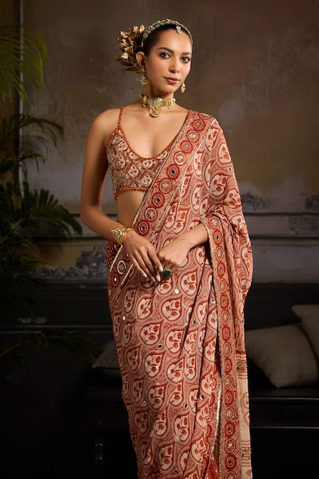 Buy Diyarajvvir Orange Crepe, Georgette, Satin, Linen Sequins, Leaf Print Pre-stitched Saree Set Online at Aza Fashions Buy_Diyarajvvir_Orange Crepe, Georgette, Satin, Linen Sequins, Leaf Print Pre-stitched Saree Set _Online_at_Aza_Fashions