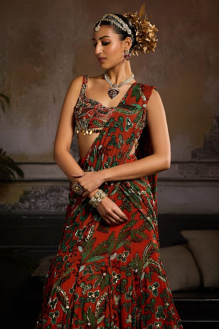 Diyarajvvir_Orange Georgette, Linen Sequins, Printed Draped Mermaid Skirt Saree With Blouse _Online_at_Aza_Fashions