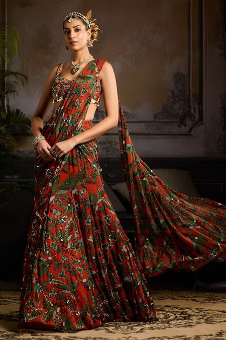 Buy_Diyarajvvir_Orange Georgette, Linen Sequins, Printed Draped Mermaid Skirt Saree With Blouse _Online_at_Aza_Fashions