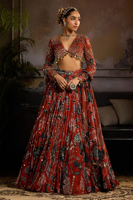 DiyaRajvvir Leaf Print Pleated Lehenga Set 