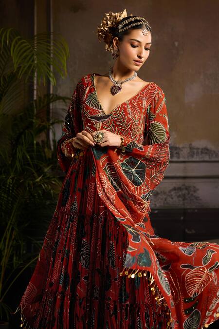 Diyarajvvir Orange Organza, Georgette Sequins V-neck Leaf Print Anarkali Set With Dupatta Online at Aza Fashions Diyarajvvir_Orange Organza, Georgette Sequins V-neck Leaf Print Anarkali Set With Dupatta _Online_at_Aza_Fashions