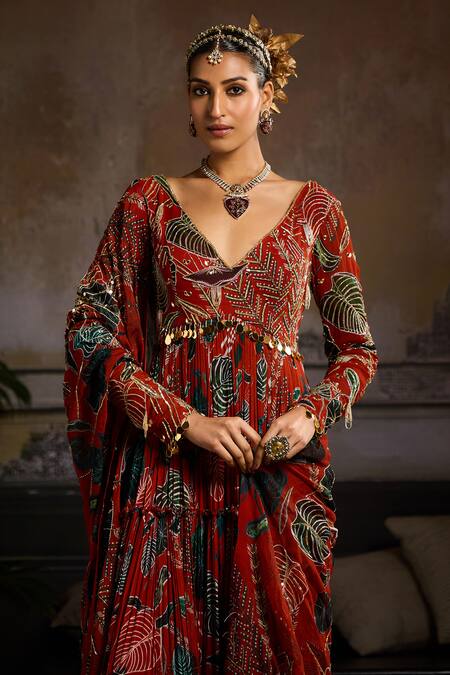 Buy Diyarajvvir Orange Organza, Georgette Sequins V-neck Leaf Print Anarkali Set With Dupatta Online at Aza Fashions Buy_Diyarajvvir_Orange Organza, Georgette Sequins V-neck Leaf Print Anarkali Set With Dupatta _Online_at_Aza_Fashions