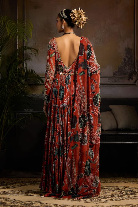 Shop Diyarajvvir Orange Organza, Georgette Sequins V-neck Leaf Print Anarkali Set With Dupatta at Aza Fashions Shop_Diyarajvvir_Orange Organza, Georgette Sequins V-neck Leaf Print Anarkali Set With Dupatta _at_Aza_Fashions