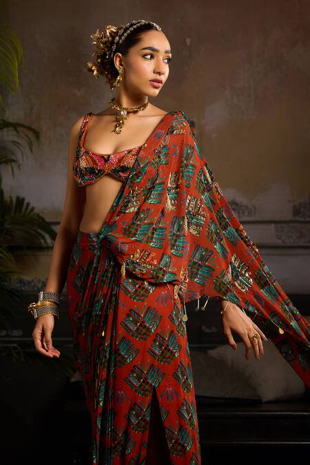 Diyarajvvir Orange Georgette, Tulle Sequins, Cut Work, Leaf Butta Print Draped Skirt Saree Online at Aza Fashions Diyarajvvir_Orange Georgette, Tulle Sequins, Cut Work, Leaf Butta Print Draped Skirt Saree _Online_at_Aza_Fashions