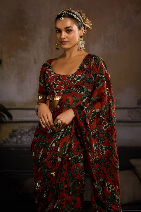 Diyarajvvir_Orange Organza, Tulle, Lining Shantoon Print Pre-draped Skirt Saree With Blouse _Online_at_Aza_Fashions