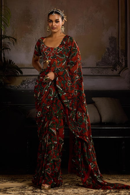 Buy_Diyarajvvir_Orange Organza, Tulle, Lining Shantoon Print Pre-draped Skirt Saree With Blouse _Online_at_Aza_Fashions