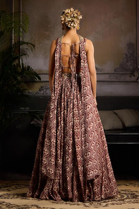 Shop_Diyarajvvir_Maroon Organza, Crepe, Linen Sequins, Crystals, Zari Leaf Print Lehenga Set _at_Aza_Fashions